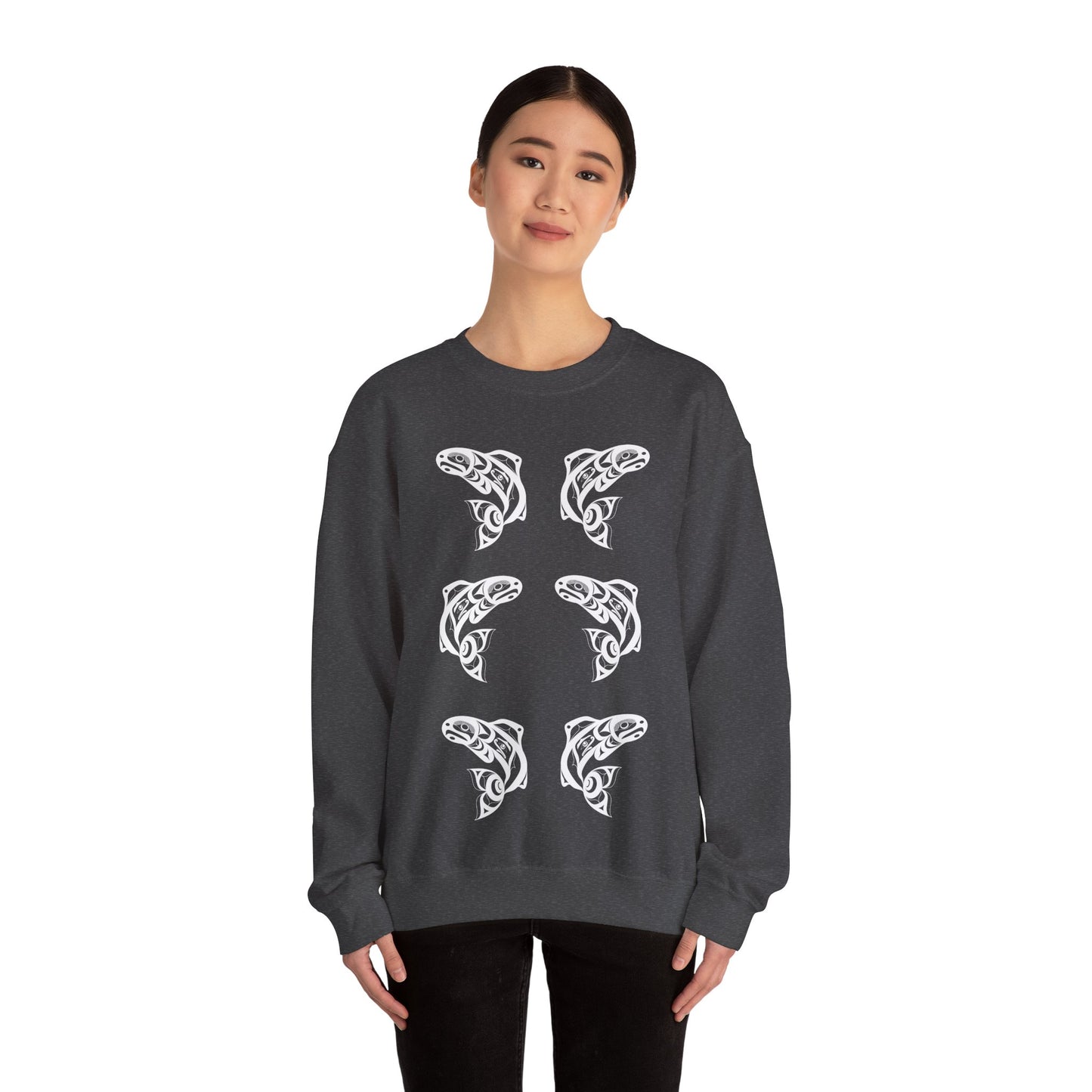 Unisex Crewneck Pullover sweatshirt with White “Salmon Run” design by Joshua Watts