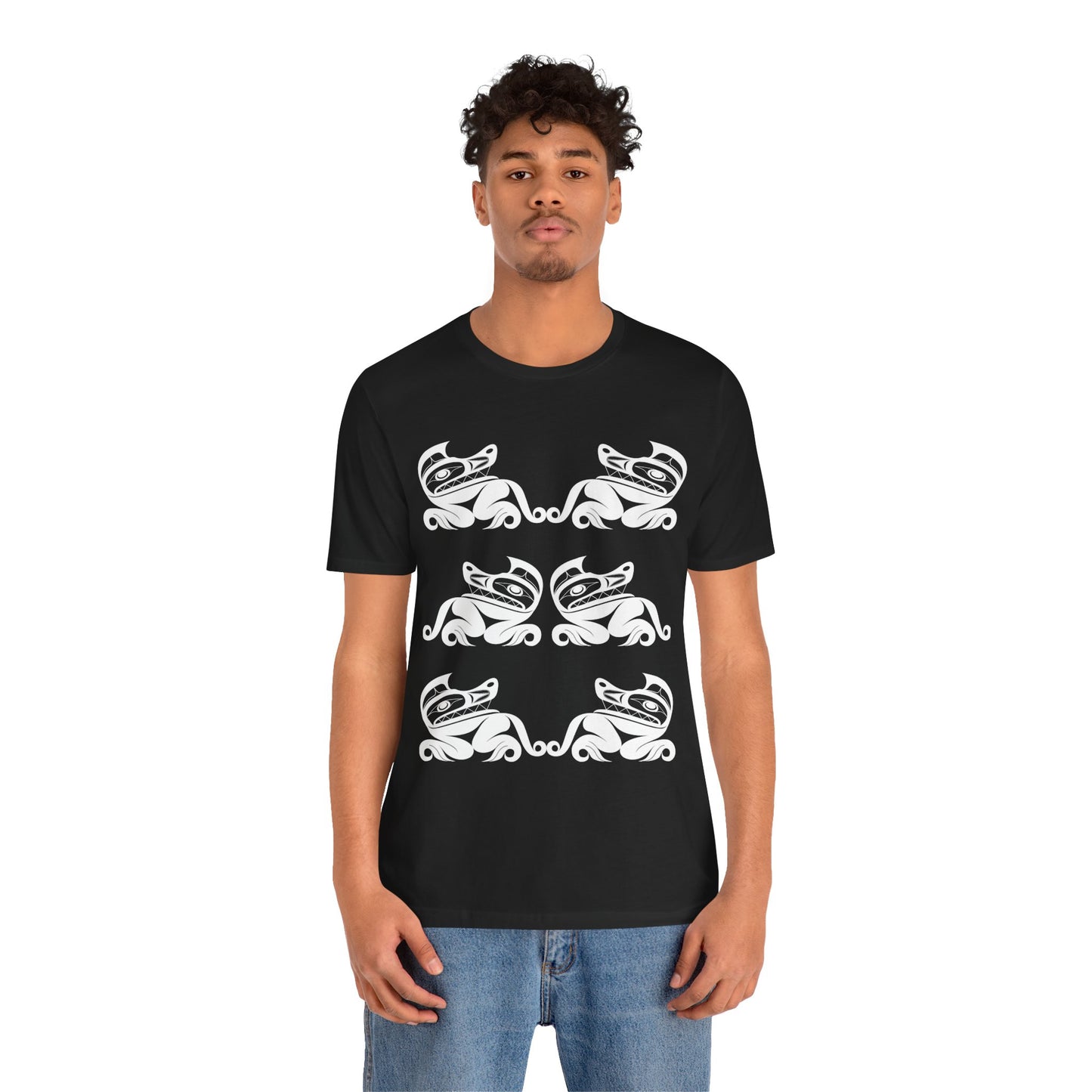 Unisex T-Shirt with black and white “Twin Wolves” design by Joshua Watts