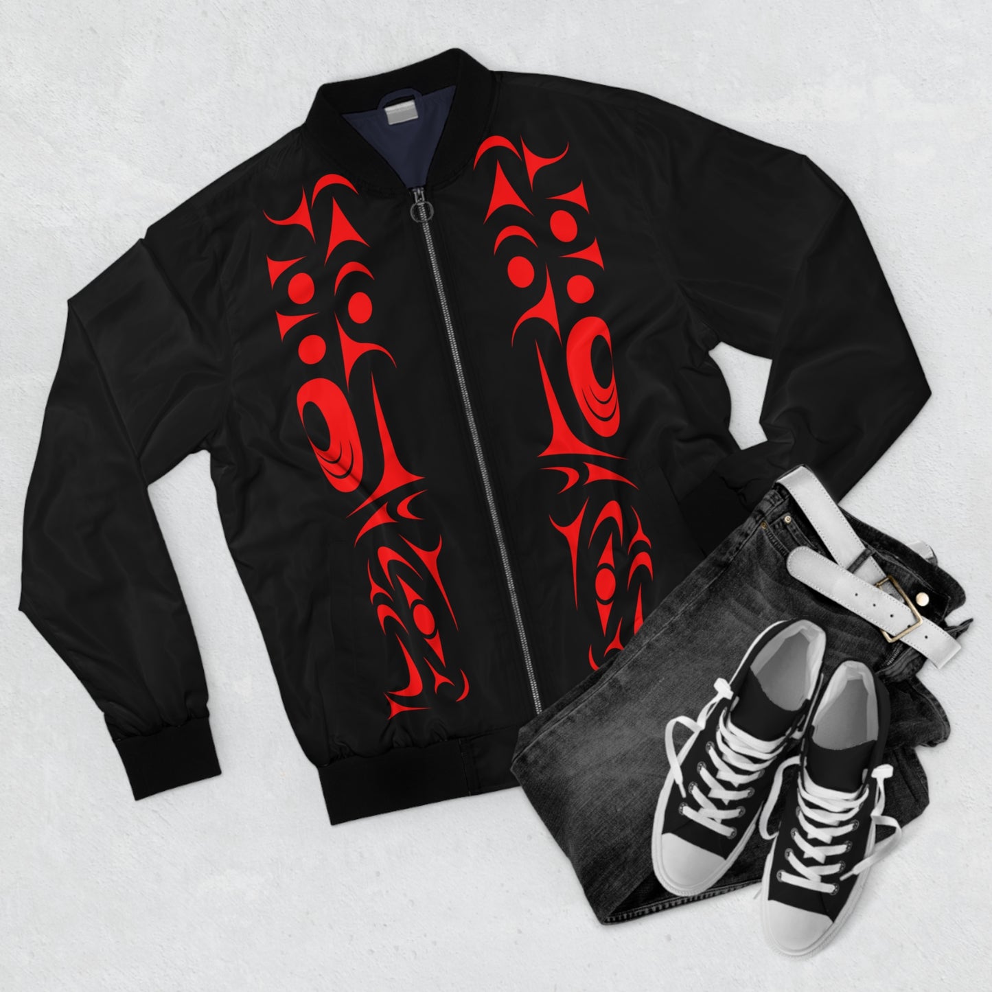 Unisex Bomber Jacket with “Twin Thunderbird” design by Joshua Watts