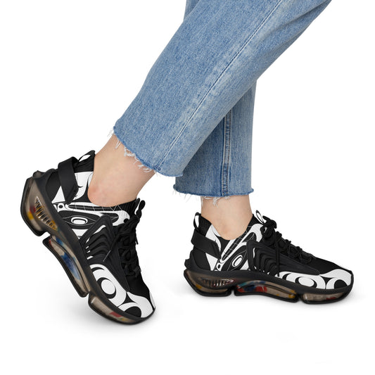 Women’s  Stylin’ Black Sneakers with White Wolf design by Joshua Watts
