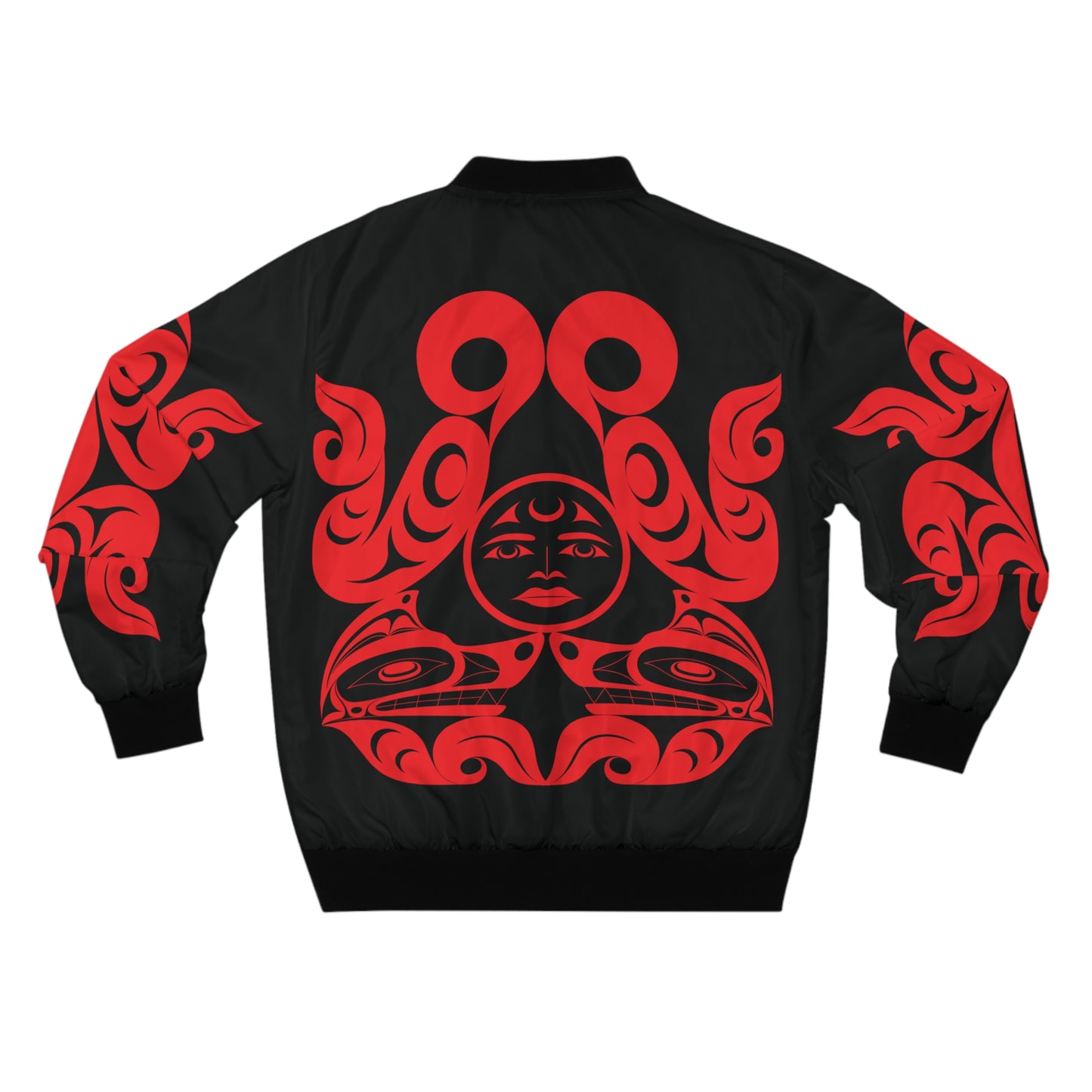 Unisex Bomber Jacket with Red “Tsuu-Baa-Asaxt Wolves” design by Joshua Watts