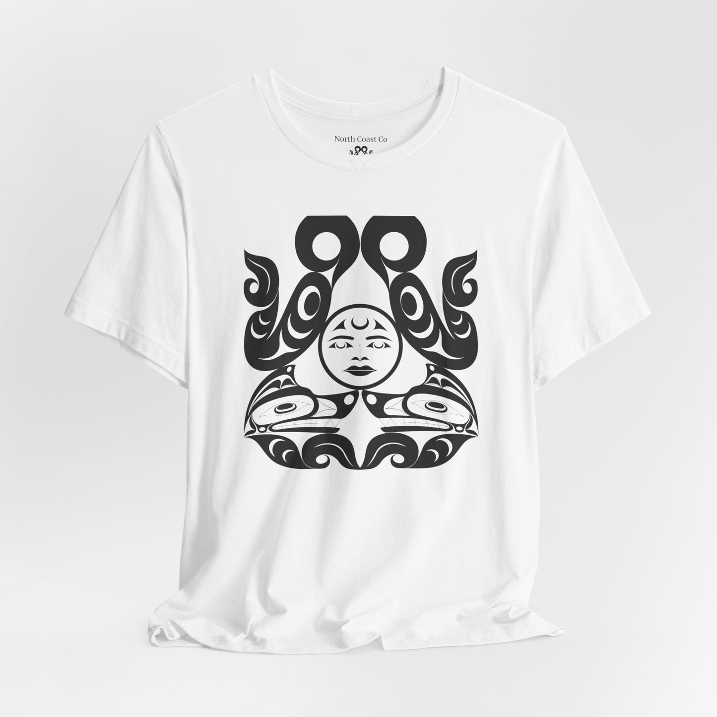Unisex T-Shirt with black and white “Tsuu-Baa-Asaxt wolves” design by Joshua Watts