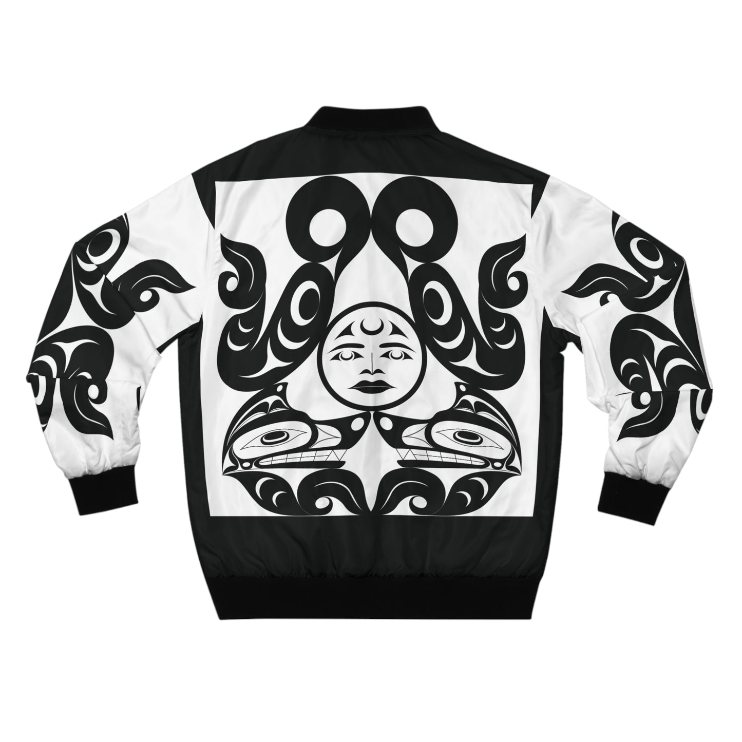 Unisex Bomber Jacket with Black and White “Tsuu-Baa-Asaxt Wolves” design by Joshua Watts