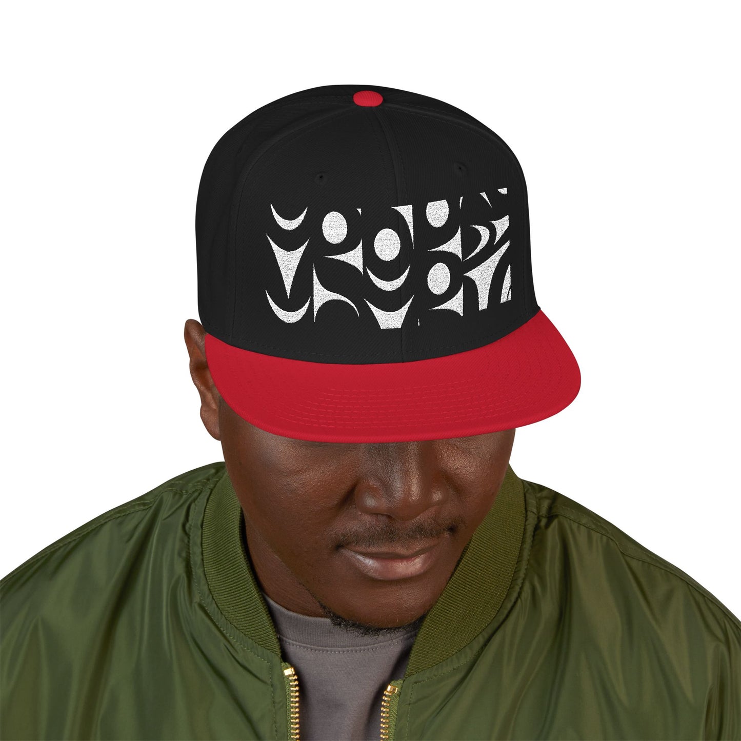 Embroidered Snapback Cap with White Abstract Salish design by Joshua Watts