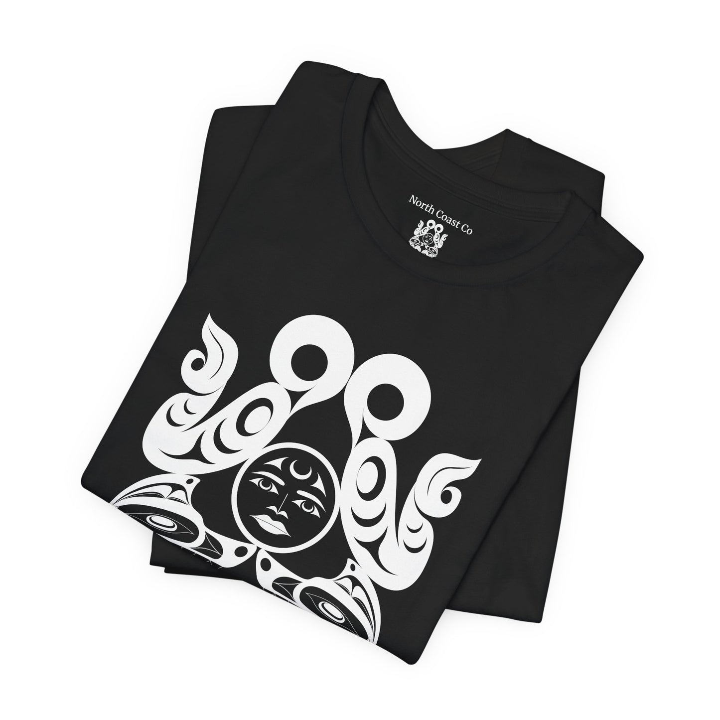 Unisex T-Shirt with black and white “Tsuu-Baa-Asaxt wolves” design by Joshua Watts