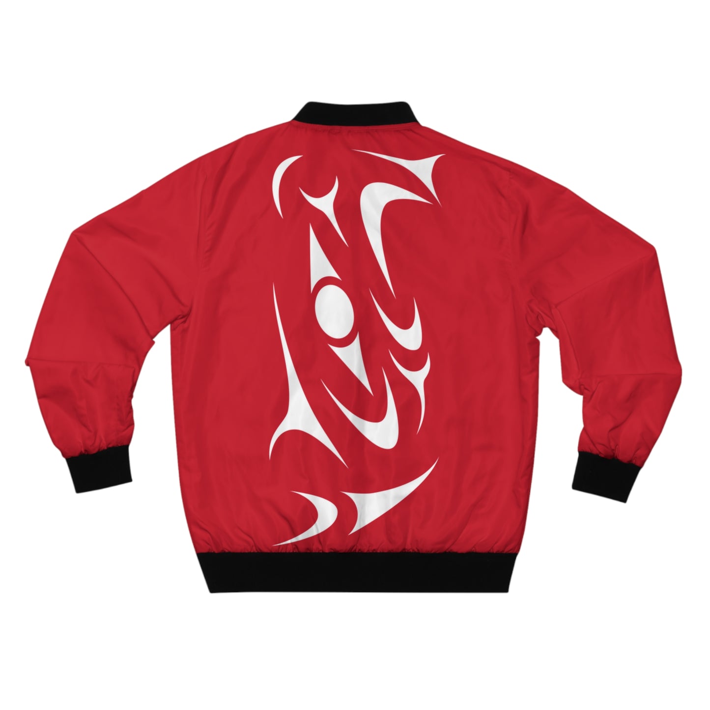 Red Unisex Bomber Jacket with White “Twin Thunderbird” design by Joshua Watts