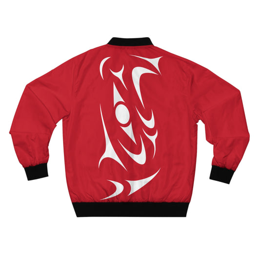 Red Unisex Bomber Jacket with White “Twin Thunderbird” design by Joshua Watts