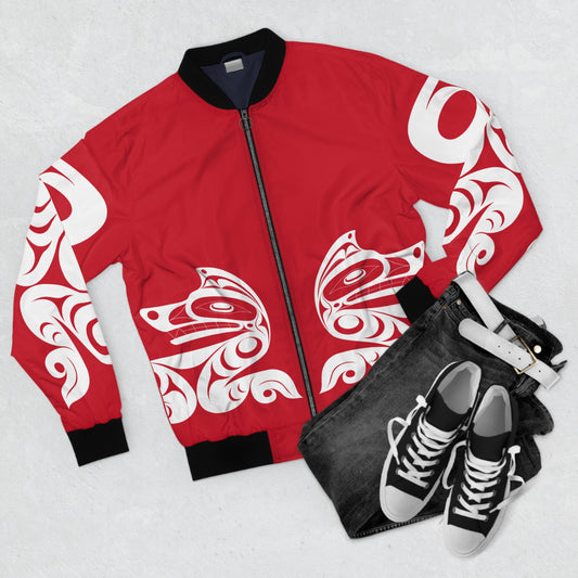 Unisex Red and White Wolf Bomber Jacket designed by Joshua Watts