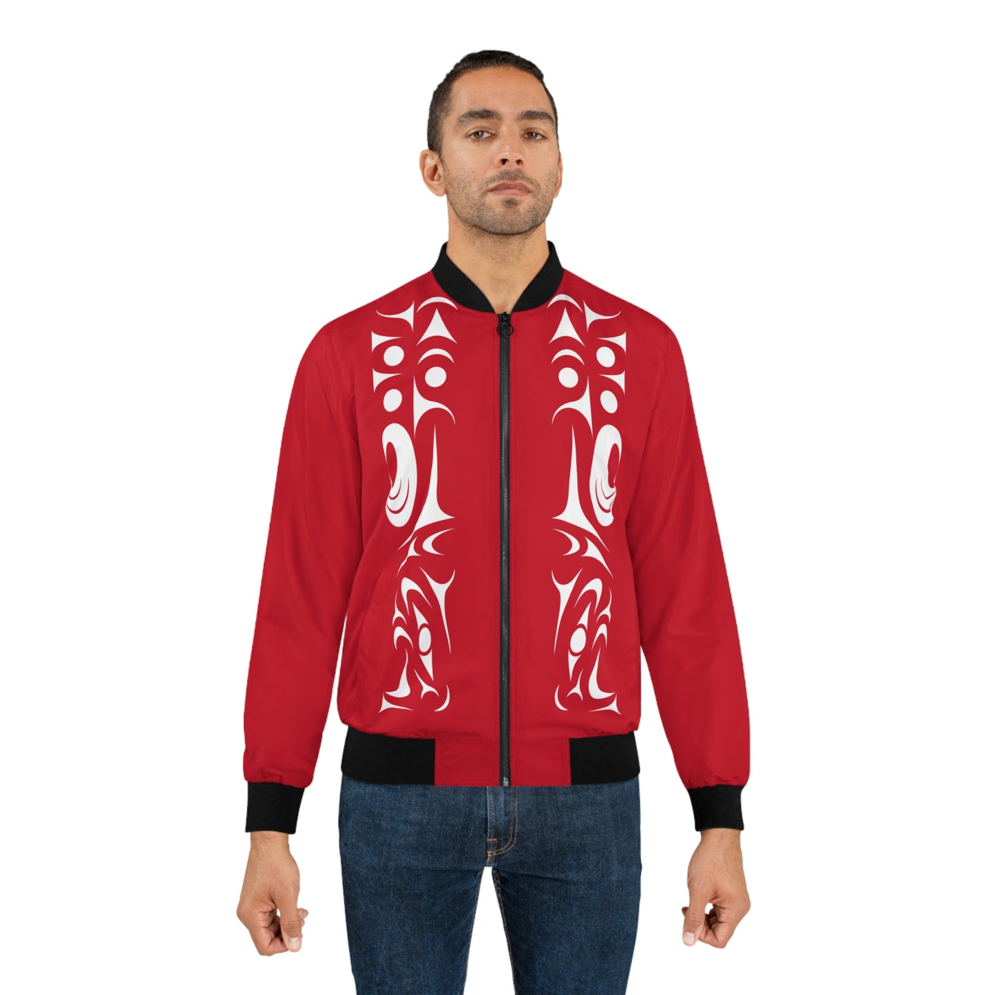 Red Unisex Bomber Jacket with White “Twin Thunderbird” design by Joshua Watts