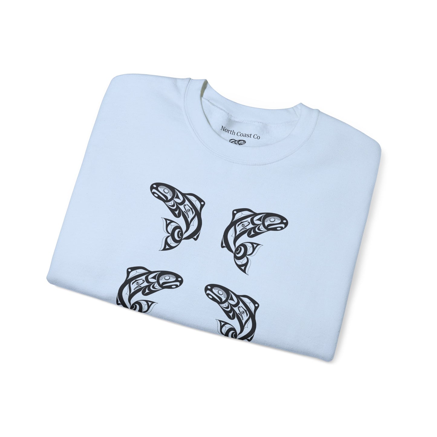 Unisex Crewneck Pullover sweatshirt with Black “Salmon Run” design by Joshua Watts