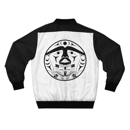Black and White Unisex Bomber Jacket with Black “Xwechtaal” designed by Joshua Watts