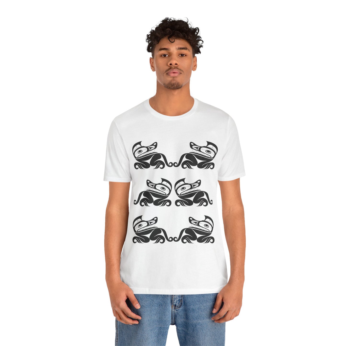 Unisex T-Shirt with black and white “Twin Wolves” design by Joshua Watts