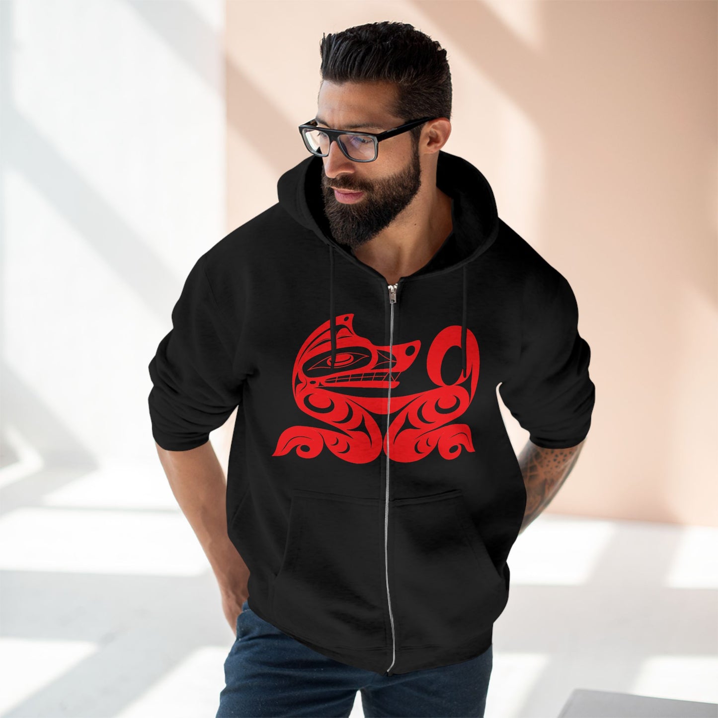 Black Unisex Zip Hoodie with “ Red Wolf” design by Joshua Watts