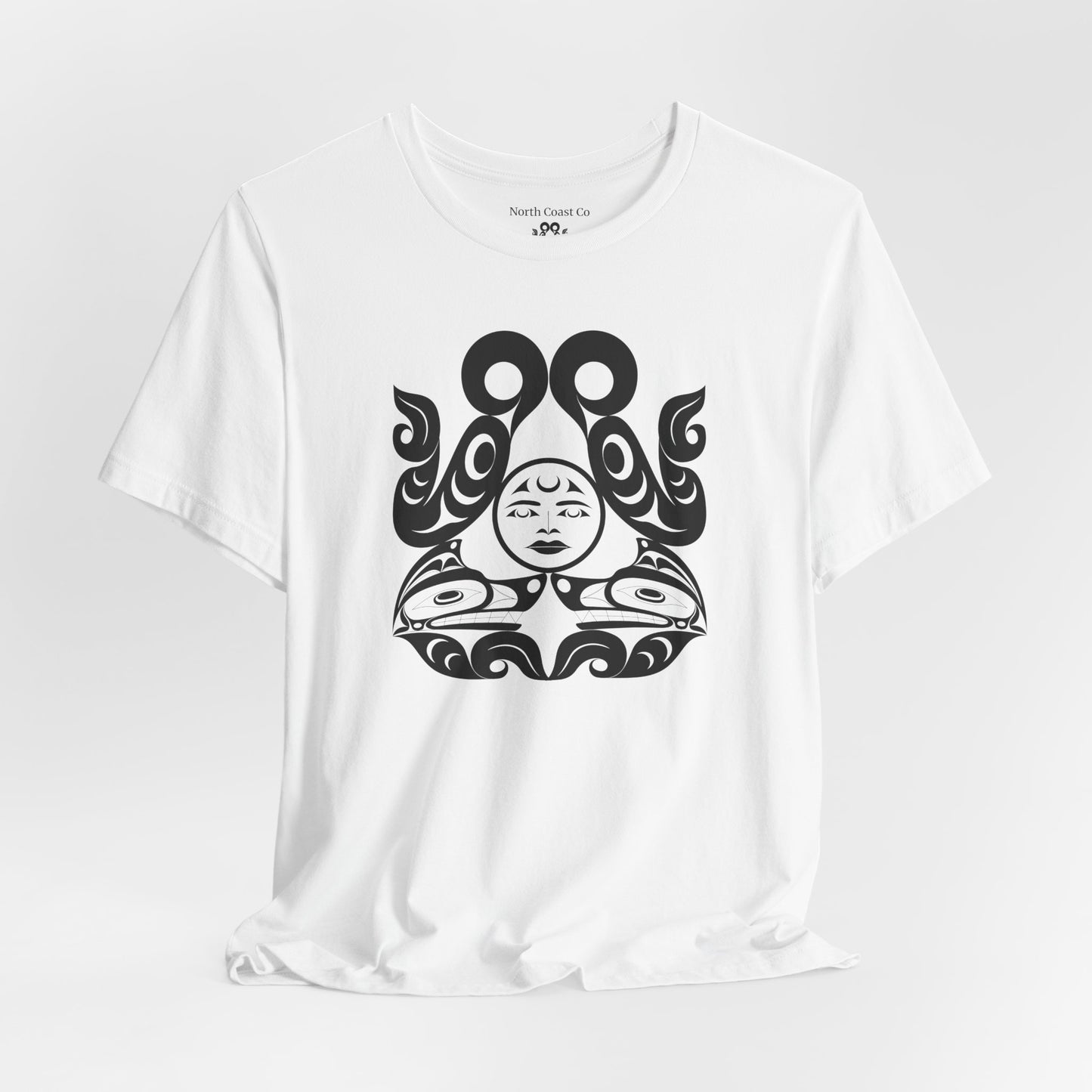 Unisex T-Shirt with black and white “Tsuu-Baa-Asaxt wolves” design by Joshua Watts