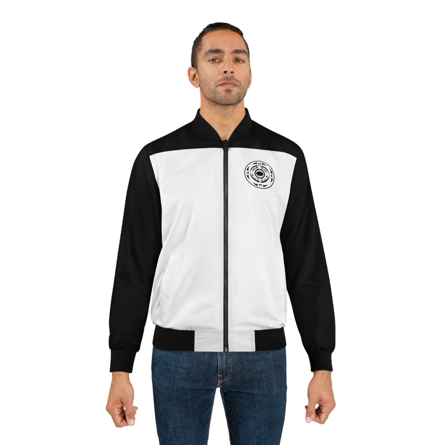 Unisex Black and White Bomber Jacket with “Life and Death” designed by Joshua Watts