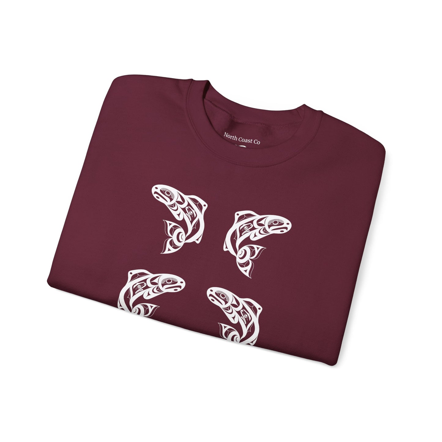 Unisex Crewneck Pullover sweatshirt with White “Salmon Run” design by Joshua Watts