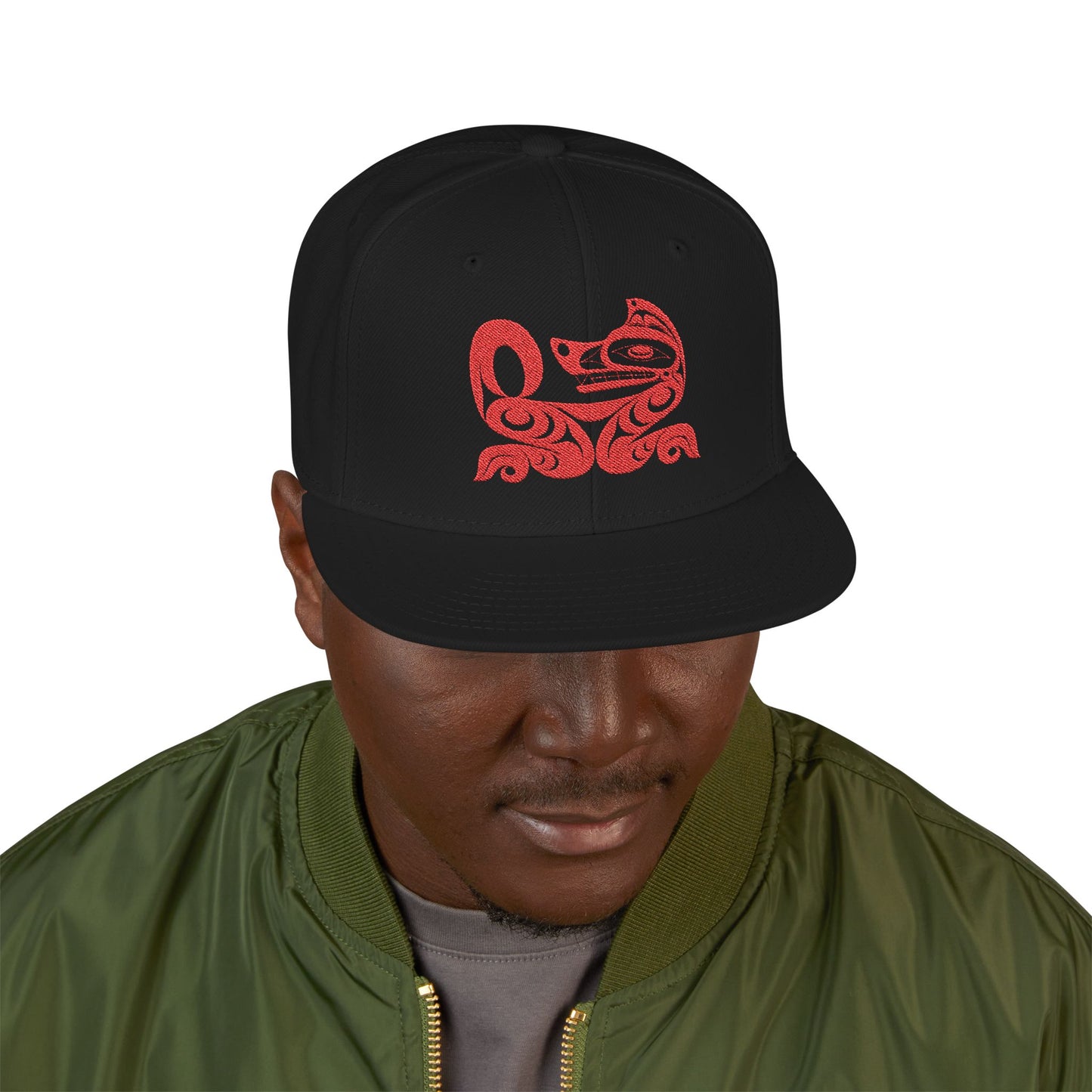 Embroidered Snapback Cap with Red Wolf design by Joshua Watts