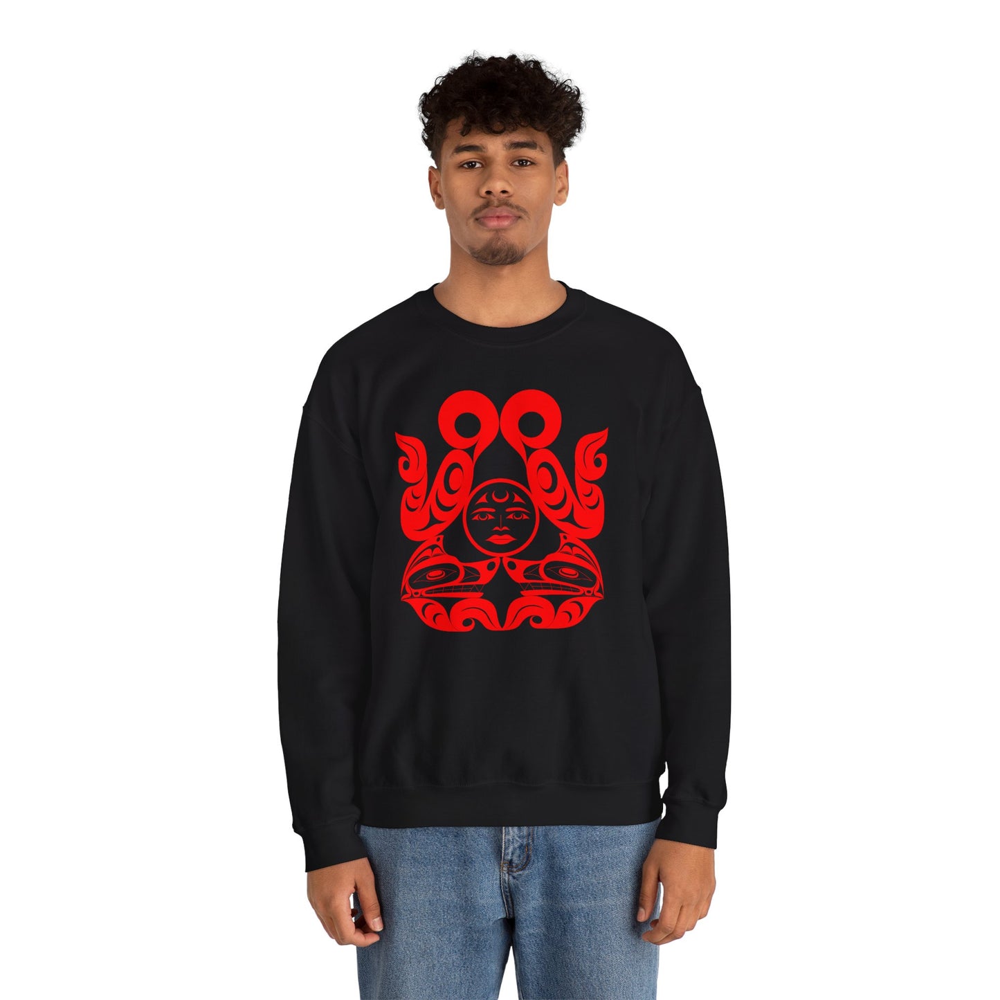 Unisex Crewneck Pullover sweatshirt with Red “Tsuu-Baa-Asaxt Wolves” design by Joshua Watts