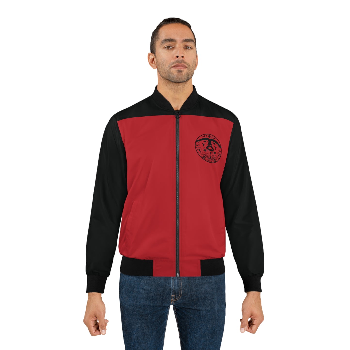 Black and Red Unisex Bomber Jacket with Black “Xwechtaal” designed by Joshua Watts