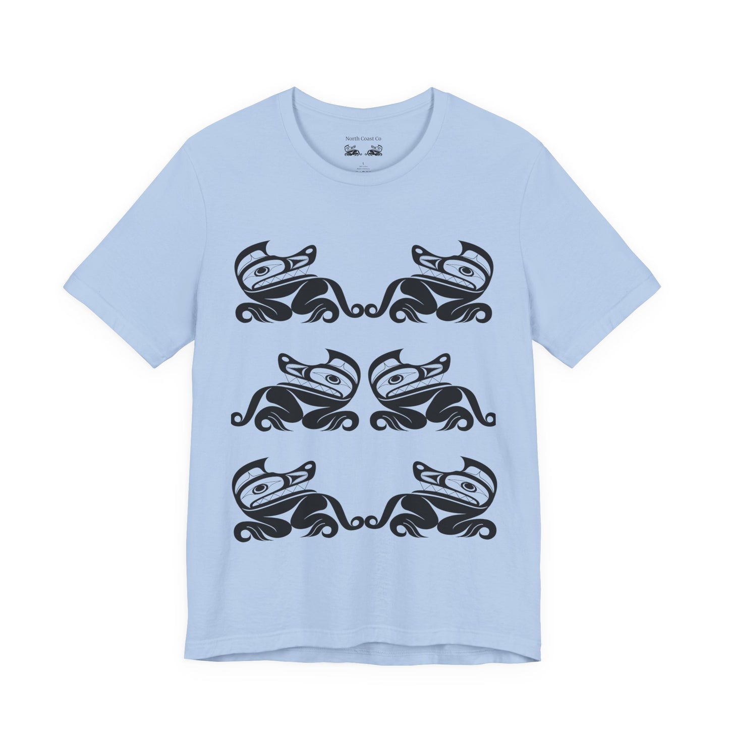 Unisex T-Shirt with black and white “Twin Wolves” design by Joshua Watts