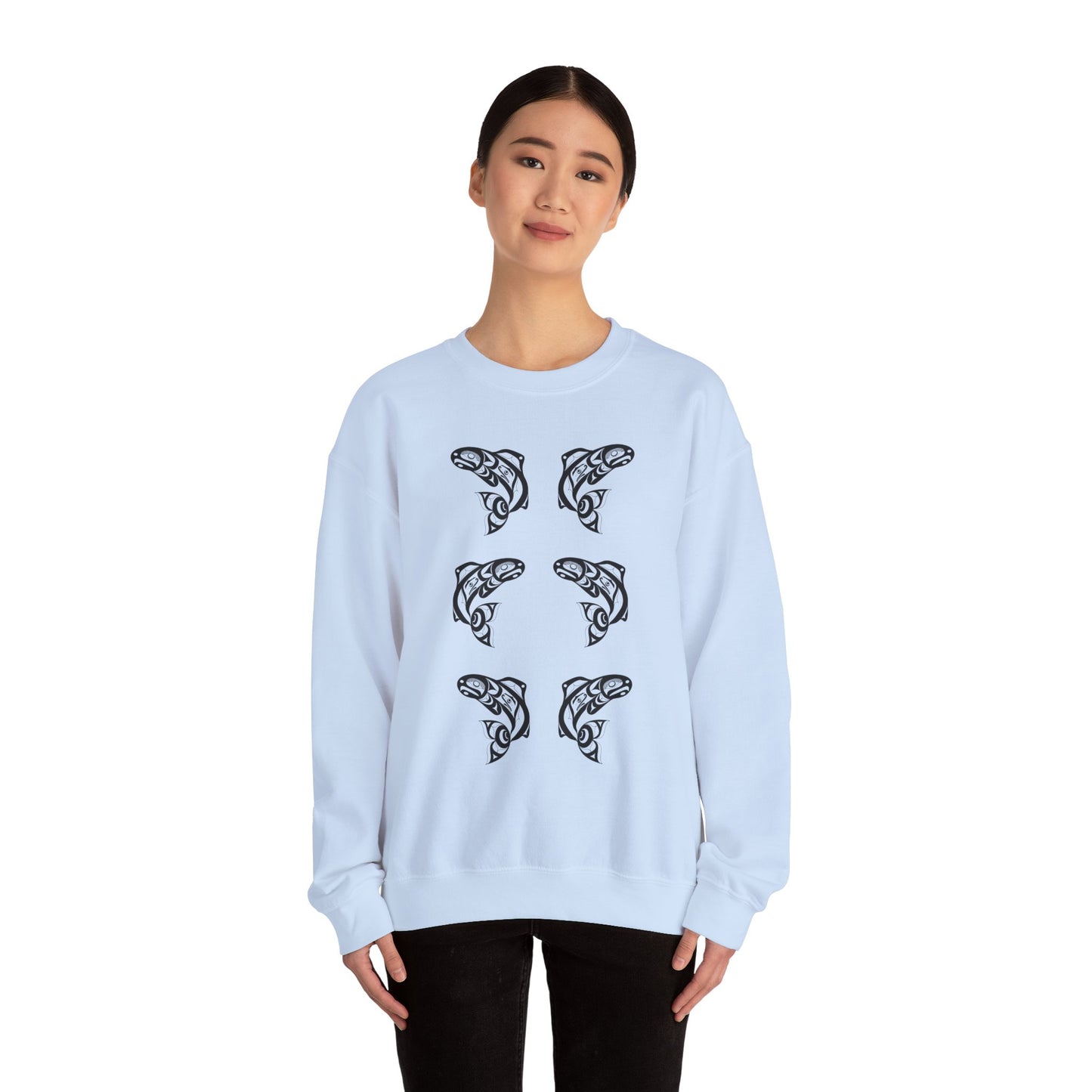 Unisex Crewneck Pullover sweatshirt with Black “Salmon Run” design by Joshua Watts