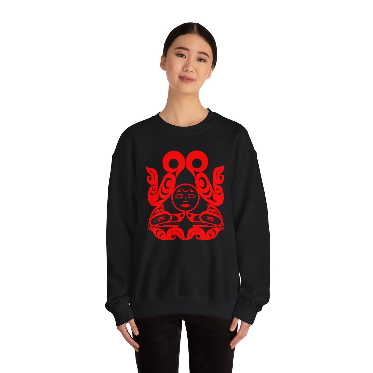 Unisex Crewneck Pullover sweatshirt with Red “Tsuu-Baa-Asaxt Wolves” design by Joshua Watts