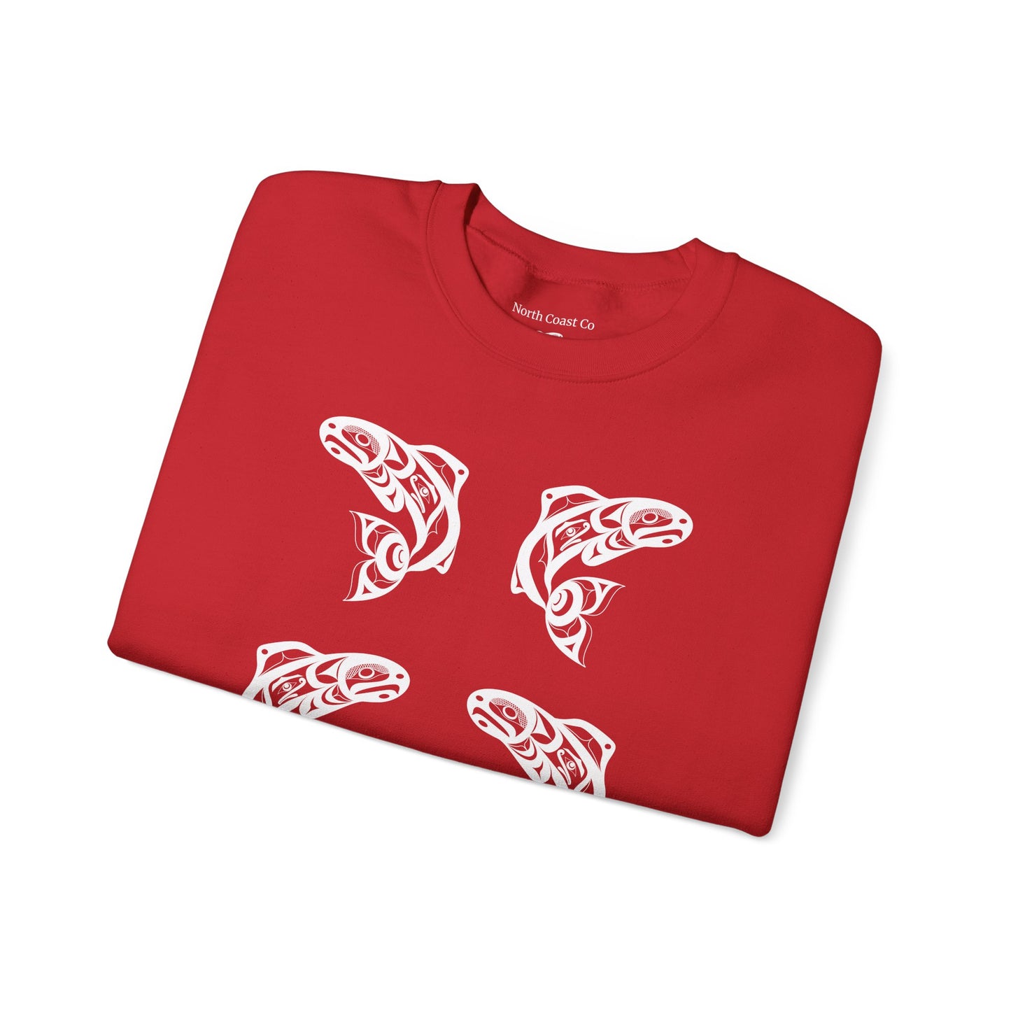 Unisex Crewneck Pullover sweatshirt with White “Salmon Run” design by Joshua Watts