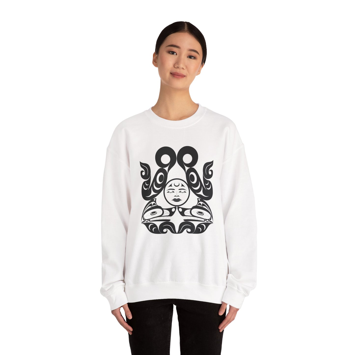 Unisex Crewneck Pullover sweatshirt with White “Tsuu-Baa-Asaxt Wolves” design by Joshua Watts