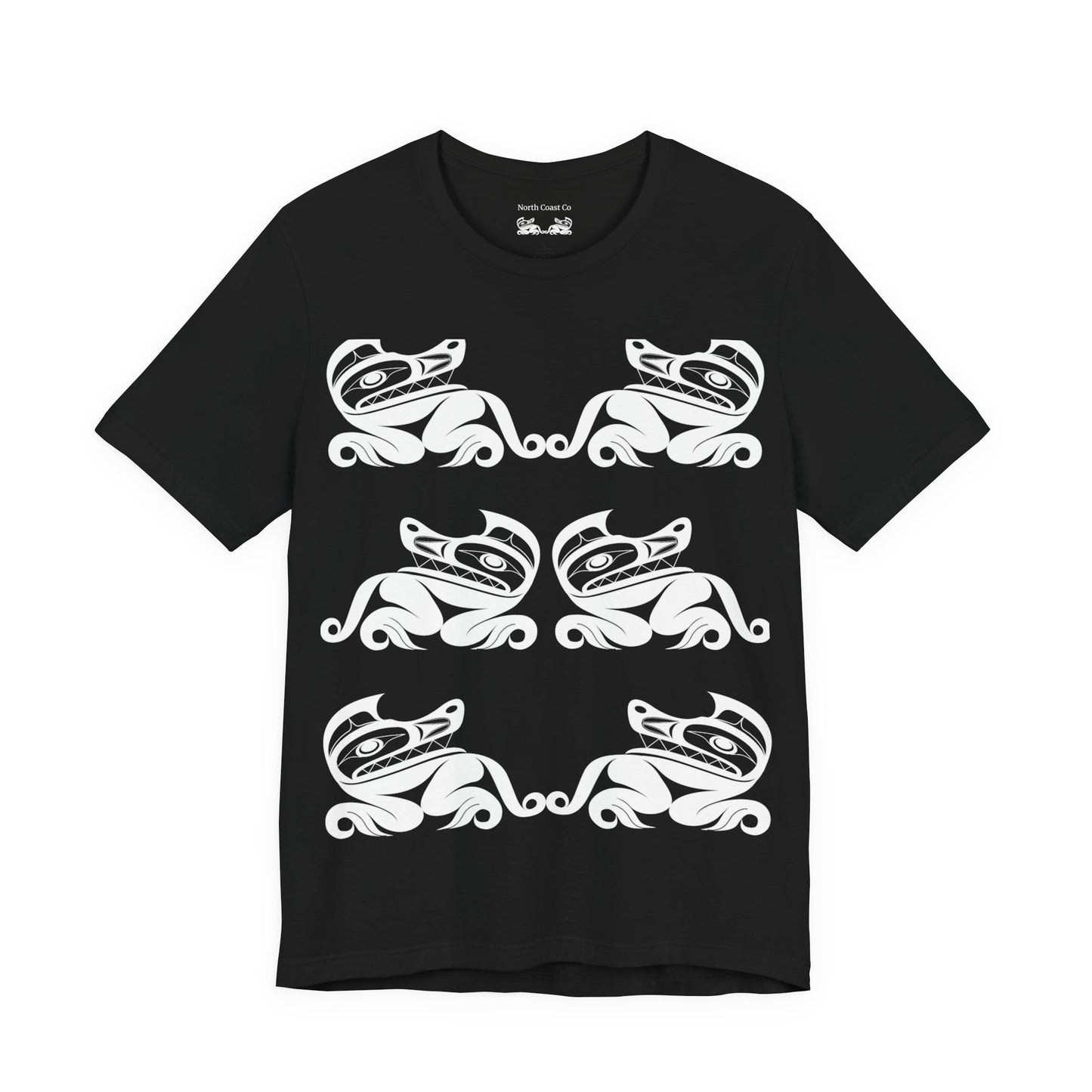 Unisex T-Shirt with black and white “Twin Wolves” design by Joshua Watts