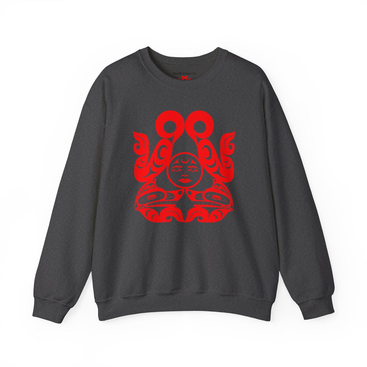 Unisex Crewneck Pullover sweatshirt with Red “Tsuu-Baa-Asaxt Wolves” design by Joshua Watts