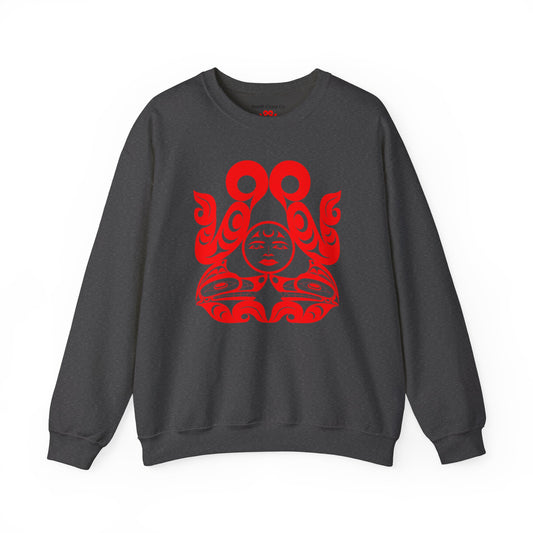 Unisex Crewneck Pullover sweatshirt with Red “Tsuu-Baa-Asaxt Wolves” design by Joshua Watts