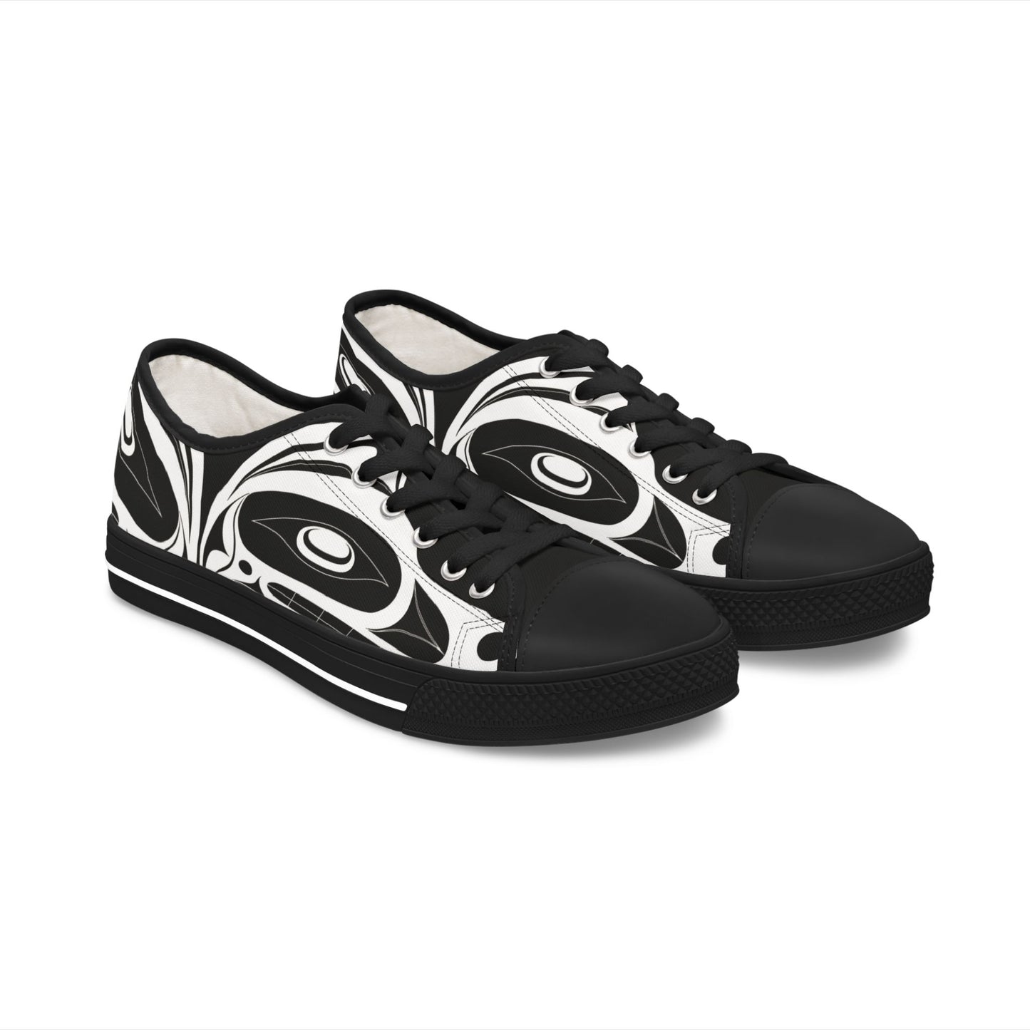 Women's All Black Low Top shoes with White Wolf design by Joshua Watts