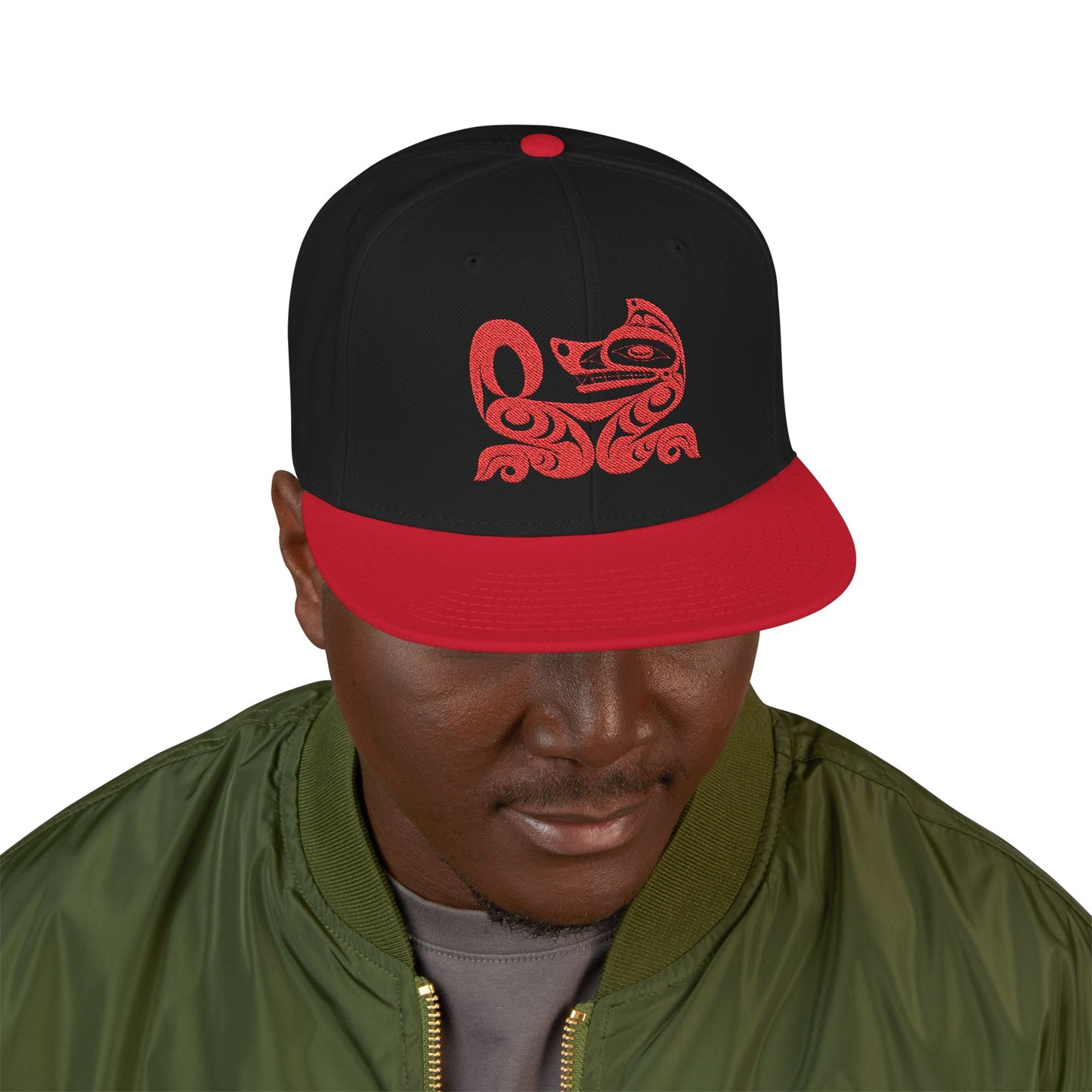 Embroidered Snapback Cap with Red Wolf design by Joshua Watts