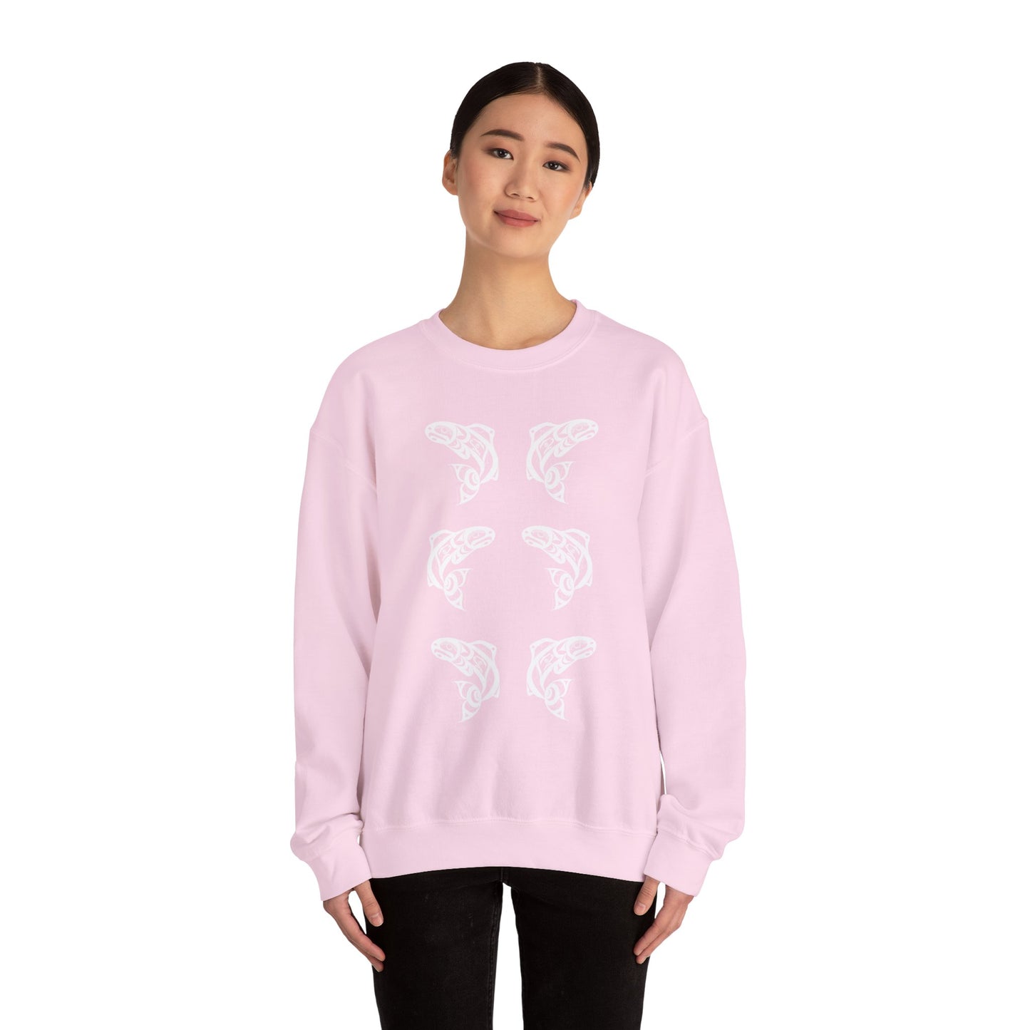 Unisex Crewneck Pullover sweatshirt with White “Salmon Run” design by Joshua Watts