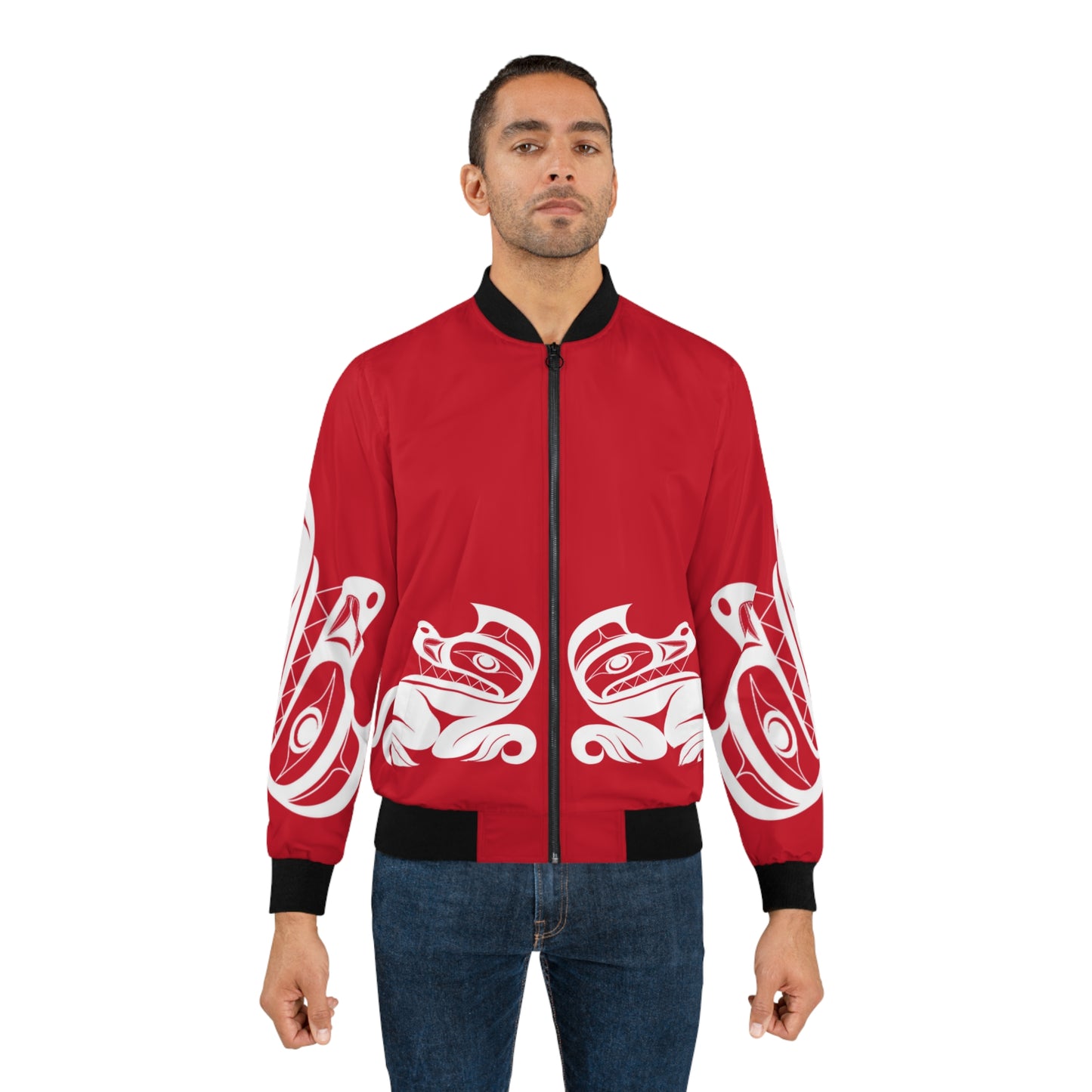Red Unisex Bomber Jacket with White “Twin wolves” design by Joshua Watts