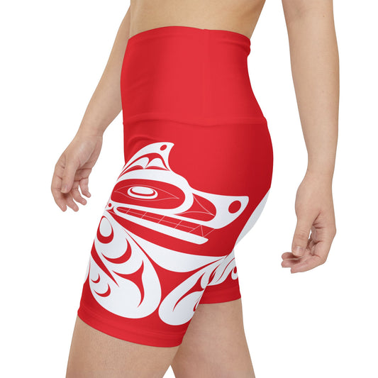 Red Biker Shorts with White Wolf design by Joshua Watts