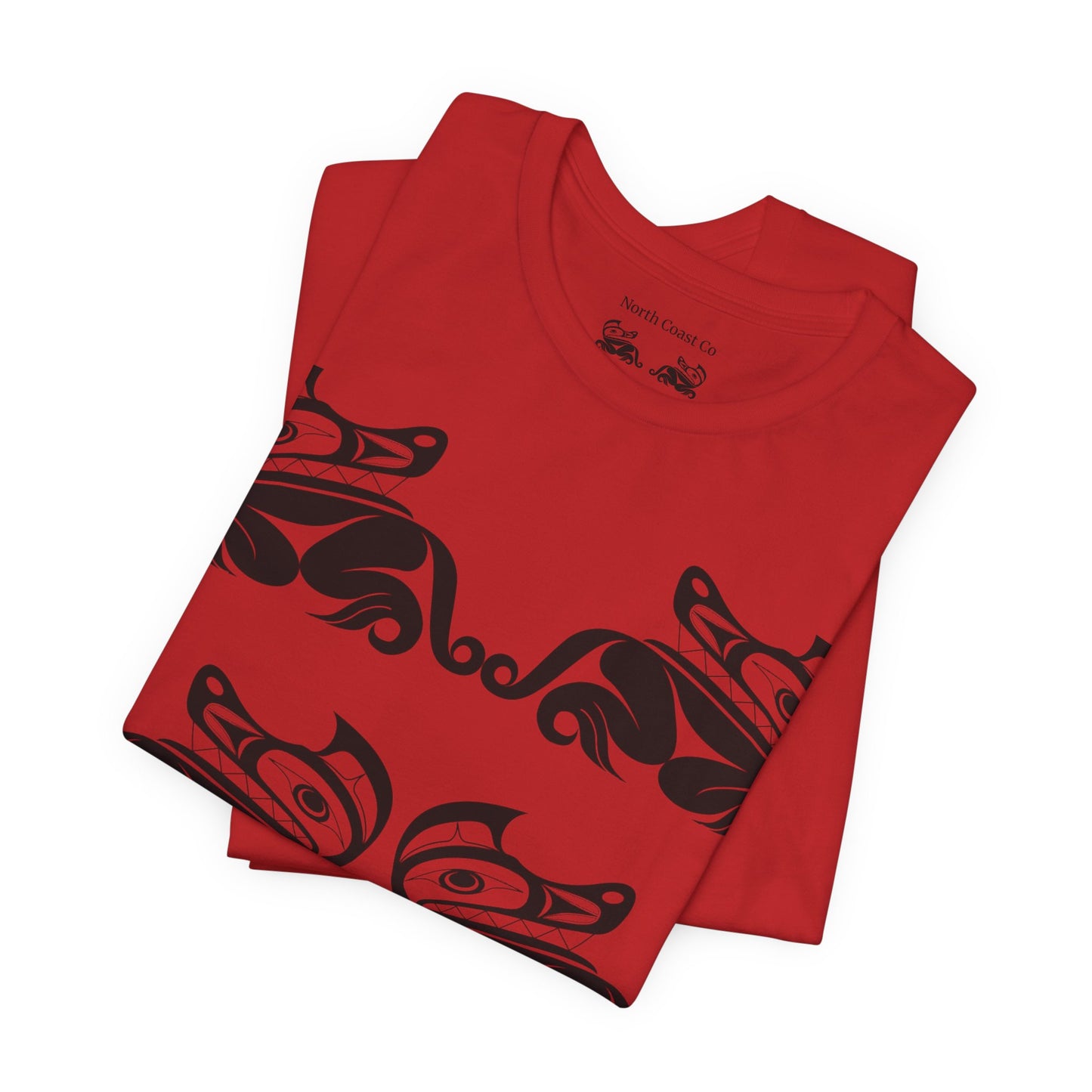 Unisex T-Shirt with black and white “Twin Wolves” design by Joshua Watts