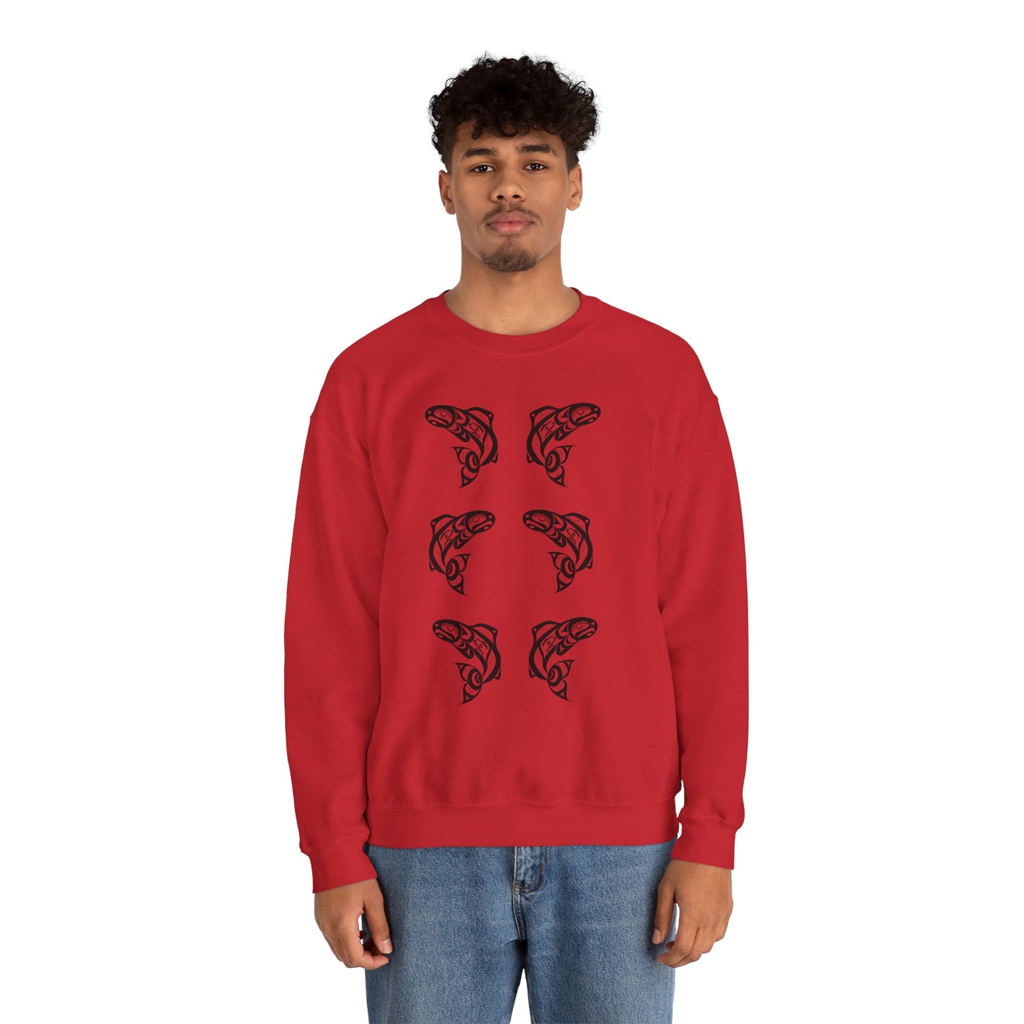 Unisex Crewneck Pullover sweatshirt with Black “Salmon Run” design by Joshua Watts