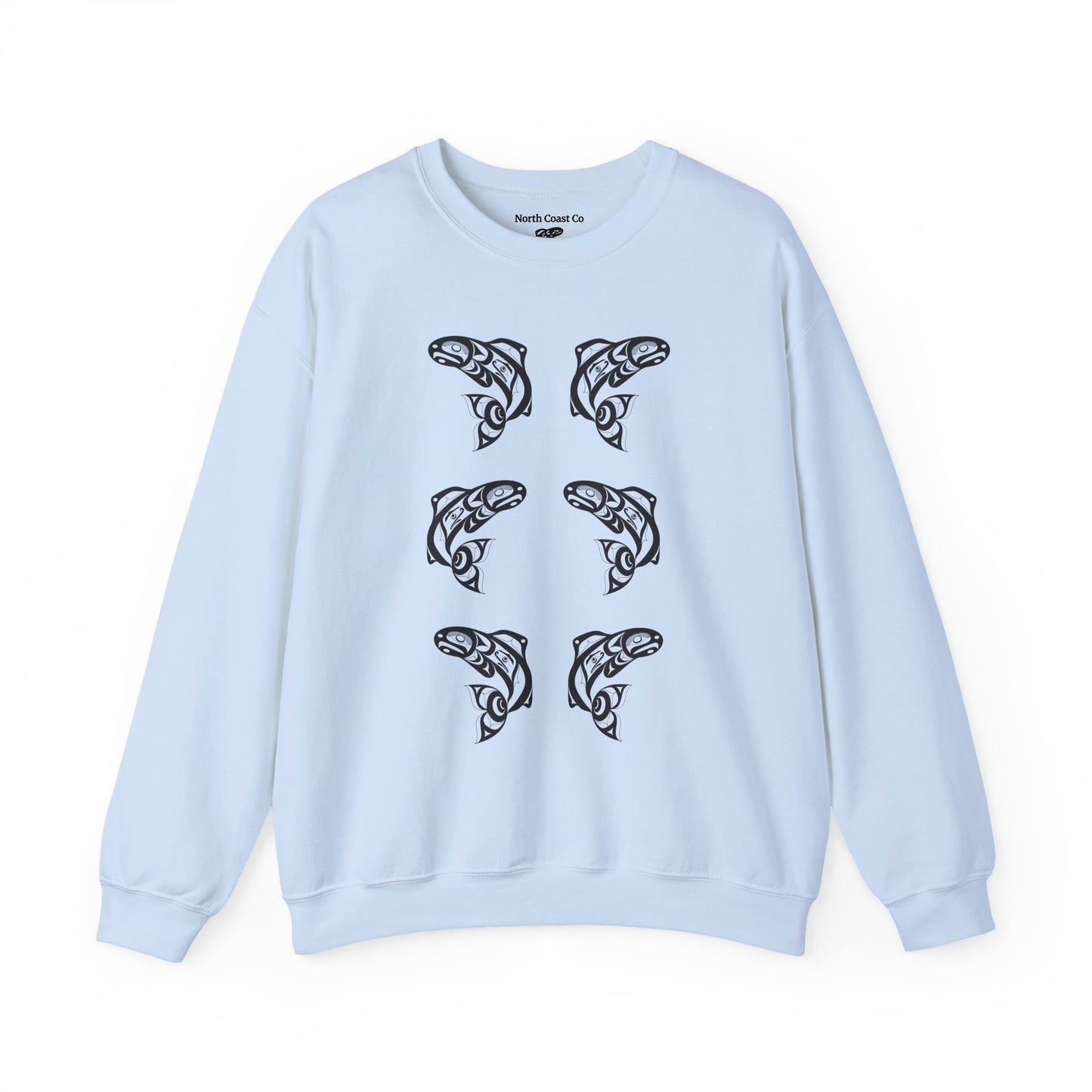 Unisex Crewneck Pullover sweatshirt with Black “Salmon Run” design by Joshua Watts