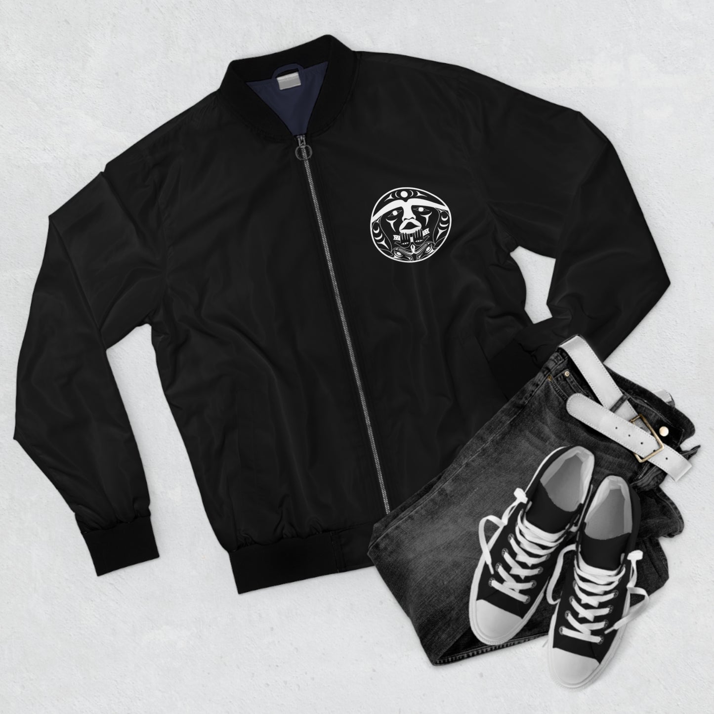 Black Unisex Bomber Jacket with White “Xwechtaal” designed by Joshua Watts