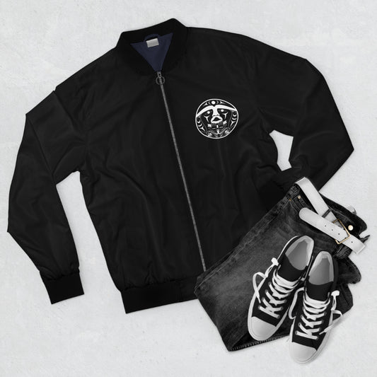Black Unisex Bomber Jacket with White “Xwechtaal” designed by Joshua Watts
