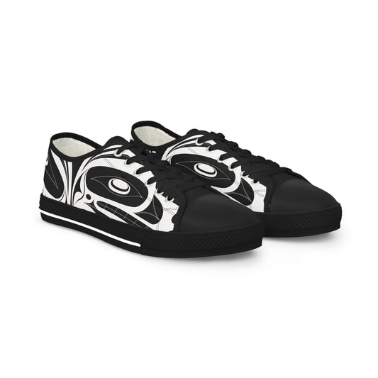 Men's All Black Black Low Top shoes with White Wolf design by Joshua Watts