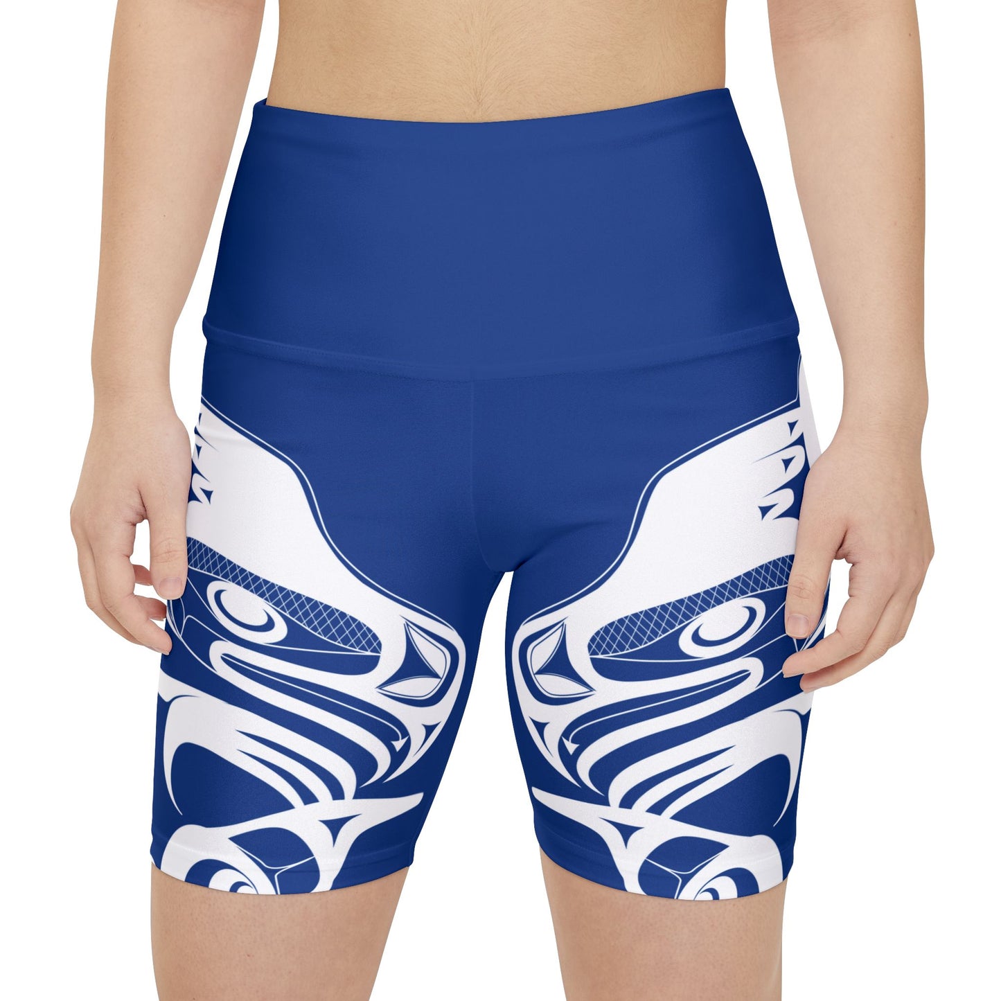 Blue Biker Shorts with “Whale Hunt” design by Joshua Watts