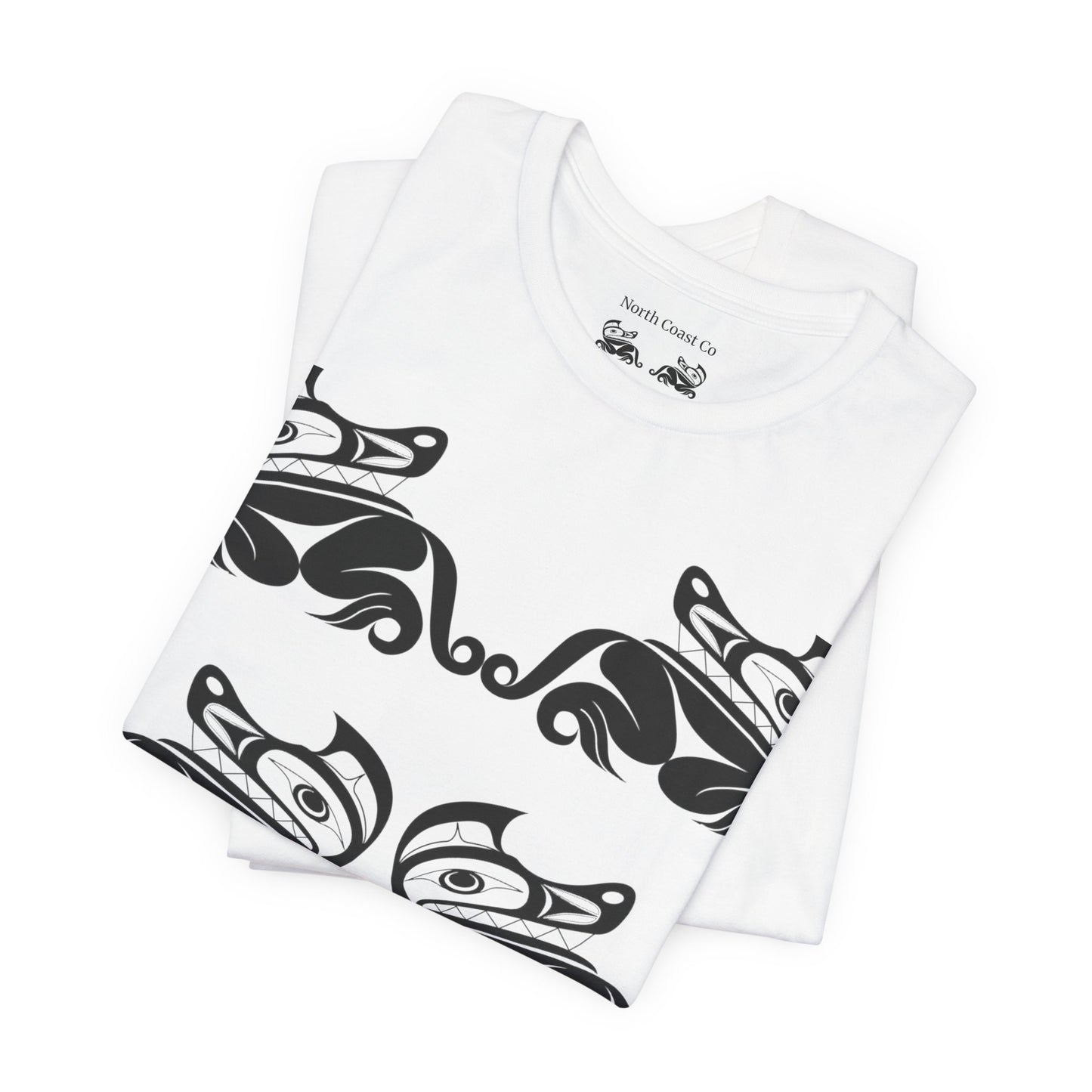 Unisex T-Shirt with black and white “Twin Wolves” design by Joshua Watts