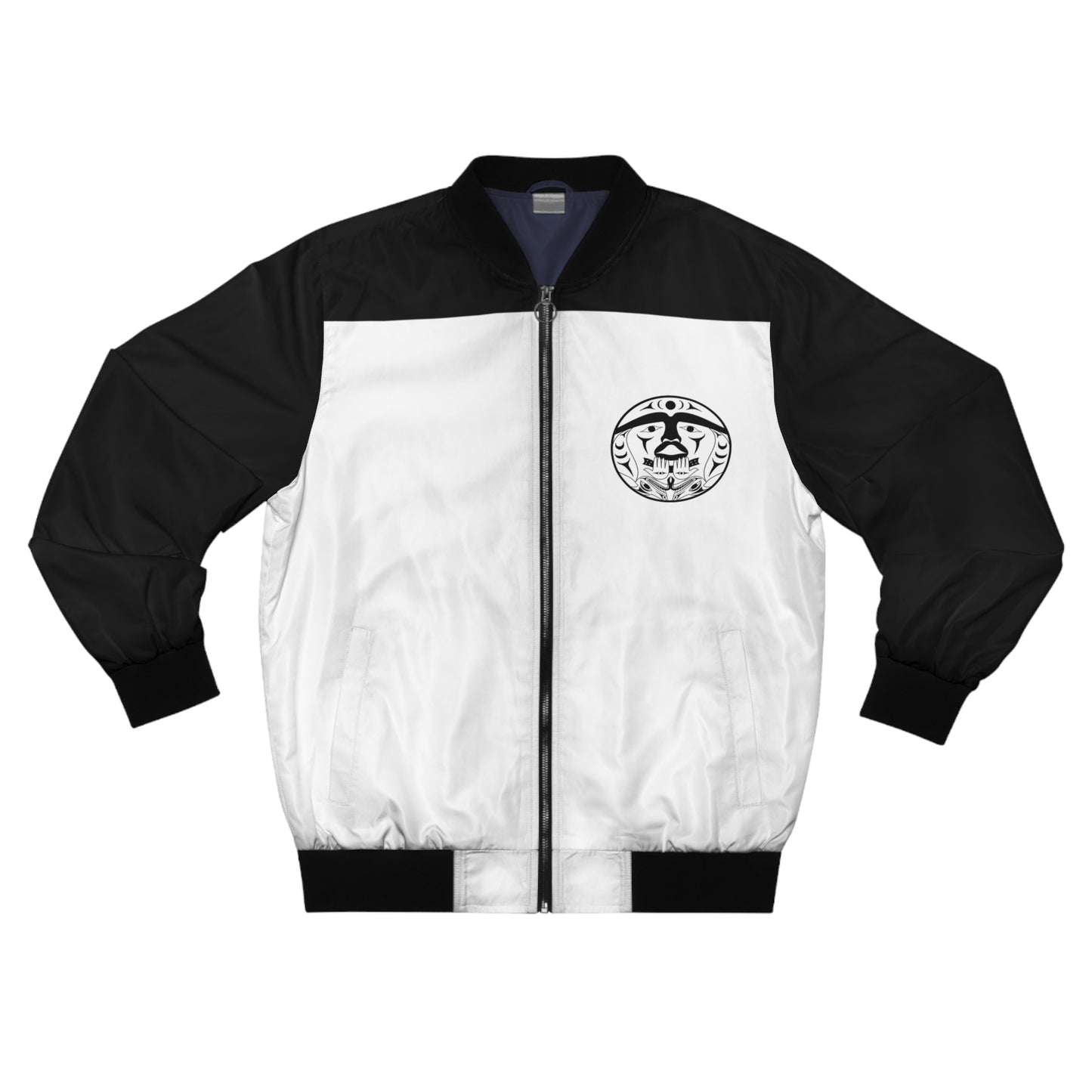 Black and White Unisex Bomber Jacket with Black “Xwechtaal” designed by Joshua Watts