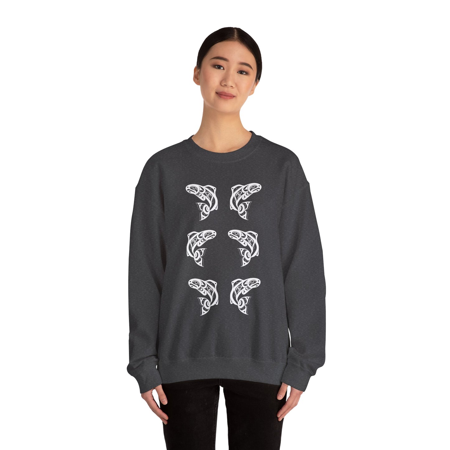 Unisex Crewneck Pullover sweatshirt with White “Salmon Run” design by Joshua Watts