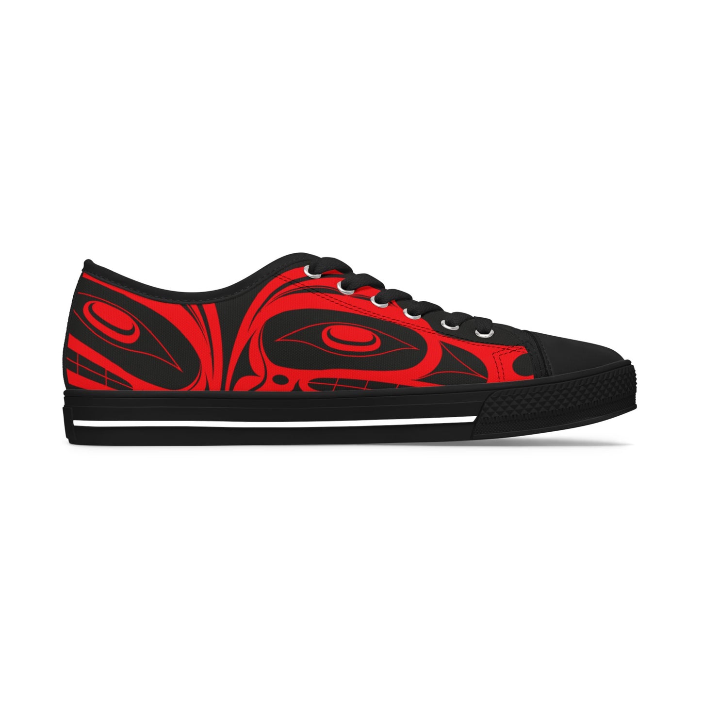 Women's All Black Low Top shoes with Red Wolf design by Joshua Watts