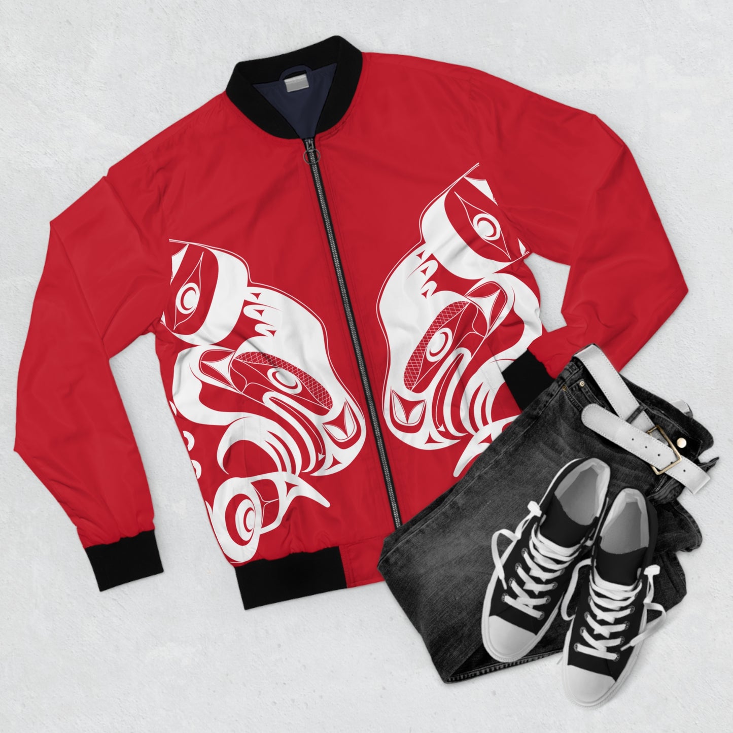 Red Unisex Bomber Jacket with “Whale Hunt” design by Joshua Watts