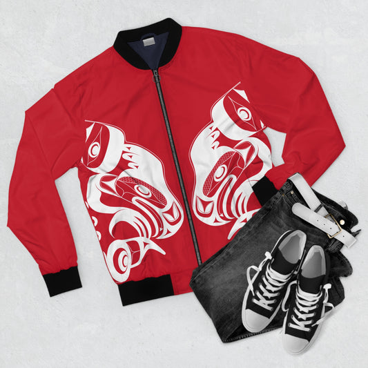 Red Unisex Bomber Jacket with “Whale Hunt” design by Joshua Watts