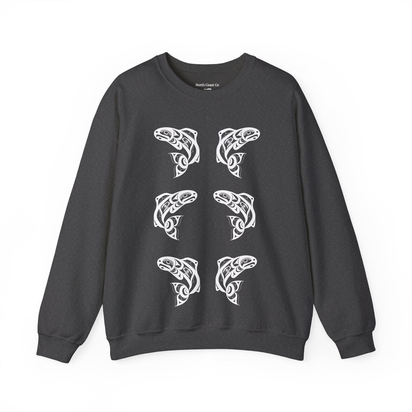 Unisex Crewneck Pullover sweatshirt with White “Salmon Run” design by Joshua Watts